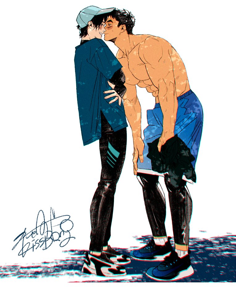 2boys, abs, artist_name, bara, biceps, black_hair, blue_male_swimwear, blue_swim_trunks, blush, character_request, chromatic_aberration, copyright_request, couple, eye_contact, kashikahaya, large_pectorals, looking_at_another, looking_at_viewer, male_focus, male_swimwear, multiple_boys, muscular, muscular_male, original, pants, pectoral_cleavage, pectorals, scar, shirt, shoes, sideburns, sweat, swim_trunks, swimsuit, t-shirt, thick_eyebrows, topless_male, track_pants, yaoi