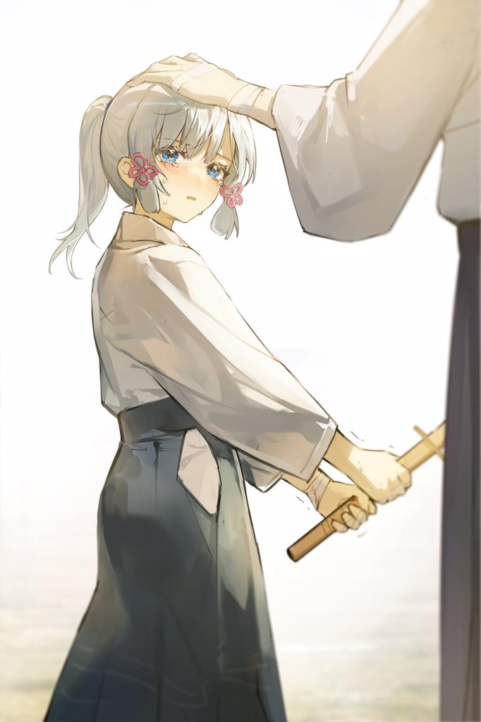 1girl, ayaka_(genshin_impact), baggy_pants, blue_eyes, blue_hair, blunt_bangs, blush, genshin_impact