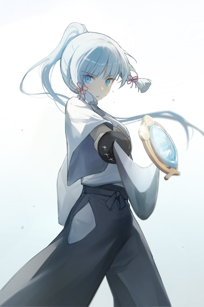 1girl, aiming, aiming_at_viewer, ayaka_(genshin_impact), baggy_pants, black_hair, blue_eyes, blunt_bangs