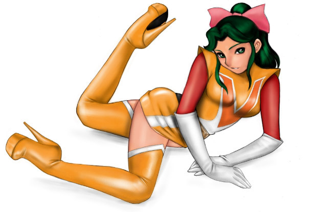 1970s_(style), 1girl, boots, choudenji_machine_voltes_v, elbow_gloves, female_focus, full_body, gloves, green_eyes, green_hair, high_heel_boots, high_heels, looking_at_viewer, matching_hair/eyes, megumi, nankyoku, oka_megumi, oldschool, orange_boots, retro_artstyle, shoes, simple_background, solo, thigh_boots, thighhighs, white_background, white_gloves