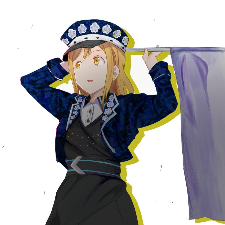 1girl, artist_name, artist_request, black_corset, black_dress, black_gloves, blue_hat, blue_jacket