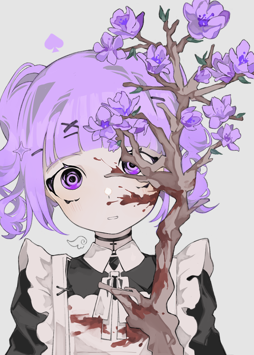 1girl, apron, black_choker, black_dress, blood, blood_on_clothes, blood_on_face, branch, choker, commentary, cross, cross_choker, dress, english_commentary, flower, frilled_apron, frills, grey_background, hair_ornament, holding, holding_branch, looking_at_viewer, maid, maid_apron, original, parted_lips, purple_eyes, purple_flower, purple_hair, purple_theme, simple_background, solo, spade_(shape), toasu, twintails, upper_body, white_apron, x_hair_ornament