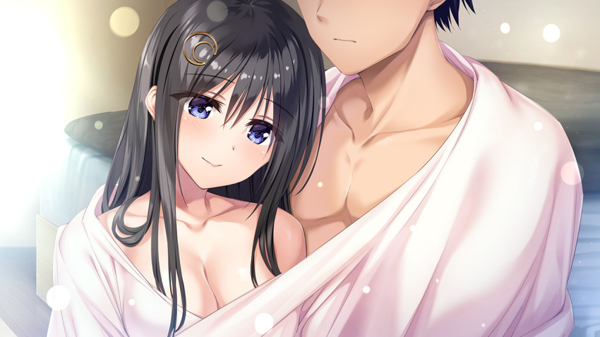 1boy, 1girl, aikotoba, azarashi_soft, black_hair, blue_eyes, blurry, blurry_background
