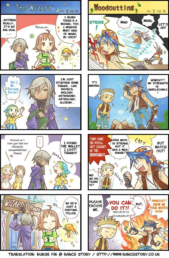 3boys, 3girls, 4koma, akari_(bokujou_monogatari), axe, bandana, boan_(bokujou_monogatari), buran_(bokujou_monogatari), comic, english_text, fin_(bokujou_monogatari), gale_(harvest_moon), hard-translated, harvest_moon, harvest_moon_animal_parade, luke_(bokujou_monogatari), mai_(bokujou_monogatari), multiple_boys, multiple_girls, rina_(bokujou_monogatari), third-party_edit, translated, weapon, wizard_(bokujou_monogatari)