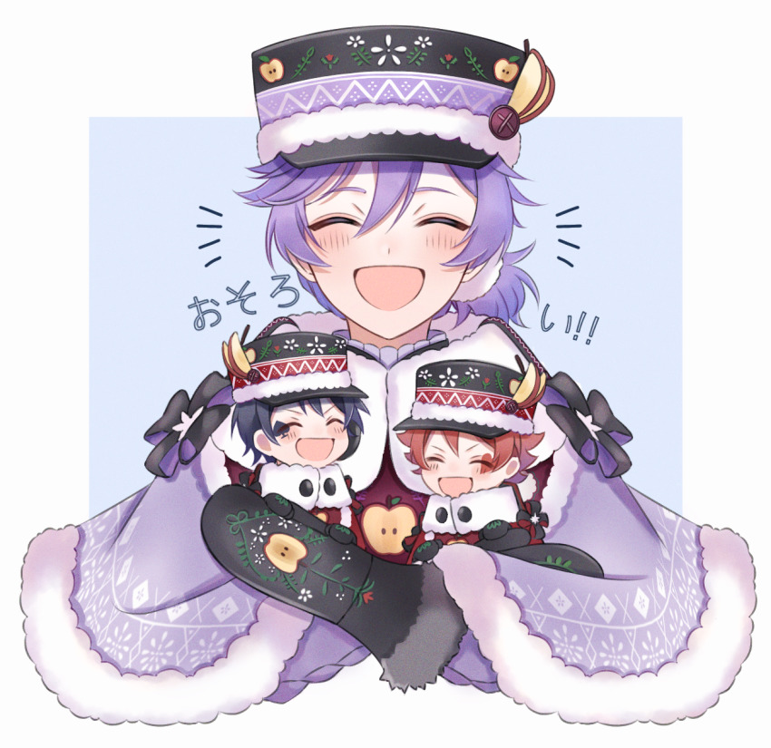 3boys, ace_trappola, androgynous, blue_background, blue_hair, blush, closed_eyes, deuce_spade, epel_felmier, epel_felmier_(applepom), facial_mark, heart, highres, long_sleeves, mittens, multicolored_background, multiple_boys, nana_(eegm4275), pale_skin, purple_hair, red_hair, trap, twisted_wonderland, white_background