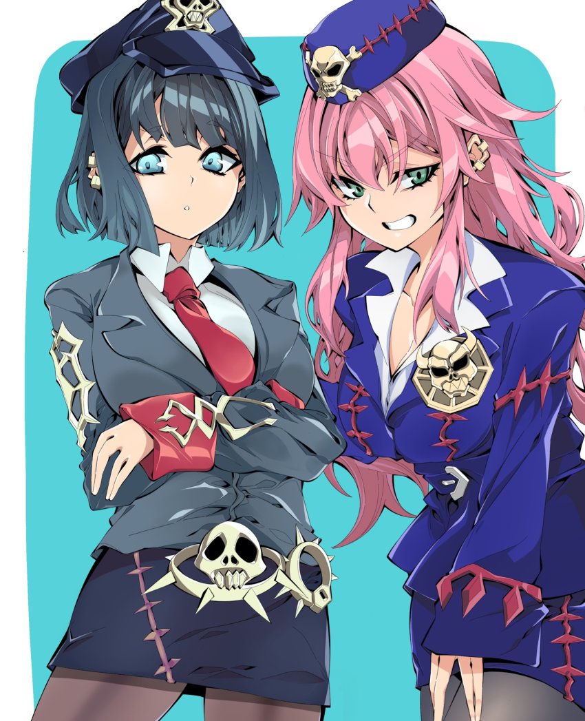 2girls, beat_cop_from_the_underworld, beat_cop_from_the_underworld_(cosplay), black_hair, blue_eyes, breasts, brooch, commission