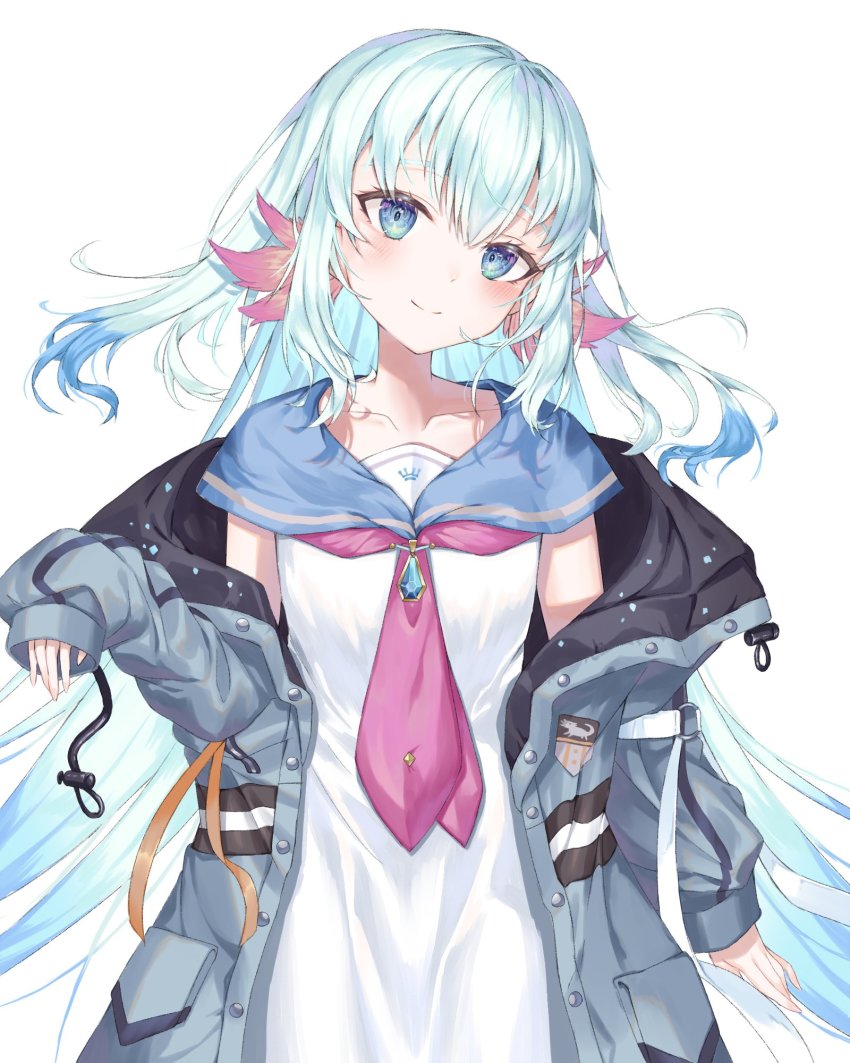 1girl, axolotl_girl, blue_eyes, blue_hair, blush, collarbone, flat_chest, head_tilt, highres, hood, hooded_jacket, jacket, lee_on, liquid_hair, long_hair, long_sleeves, neckerchief, nijisanji, nijisanji_kr, off_shoulder, pink_neckerchief, sailor_collar, sleeves_past_wrists, smile, solo, teacup_(teacup1031), very_long_hair, virtual_youtuber, white_background