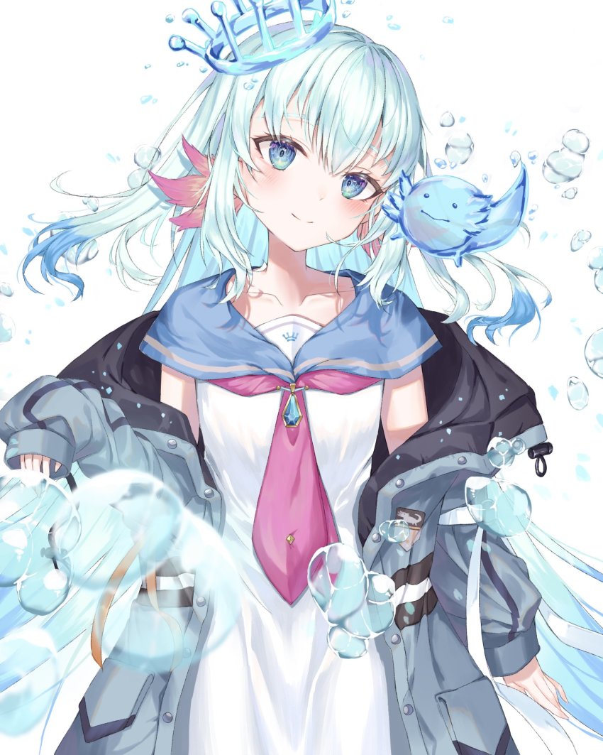1girl, axolotl_girl, blue_eyes, blue_hair, blush, bubble, collarbone, flat_chest, halo, head_tilt, highres, hood, hooded_jacket, jacket, lee_on, liquid_hair, liquid_halo, long_hair, long_sleeves, neckerchief, nijisanji, nijisanji_kr, off_shoulder, pink_neckerchief, sailor_collar, sleeves_past_wrists, smile, solo, teacup_(teacup1031), very_long_hair, virtual_youtuber, white_background