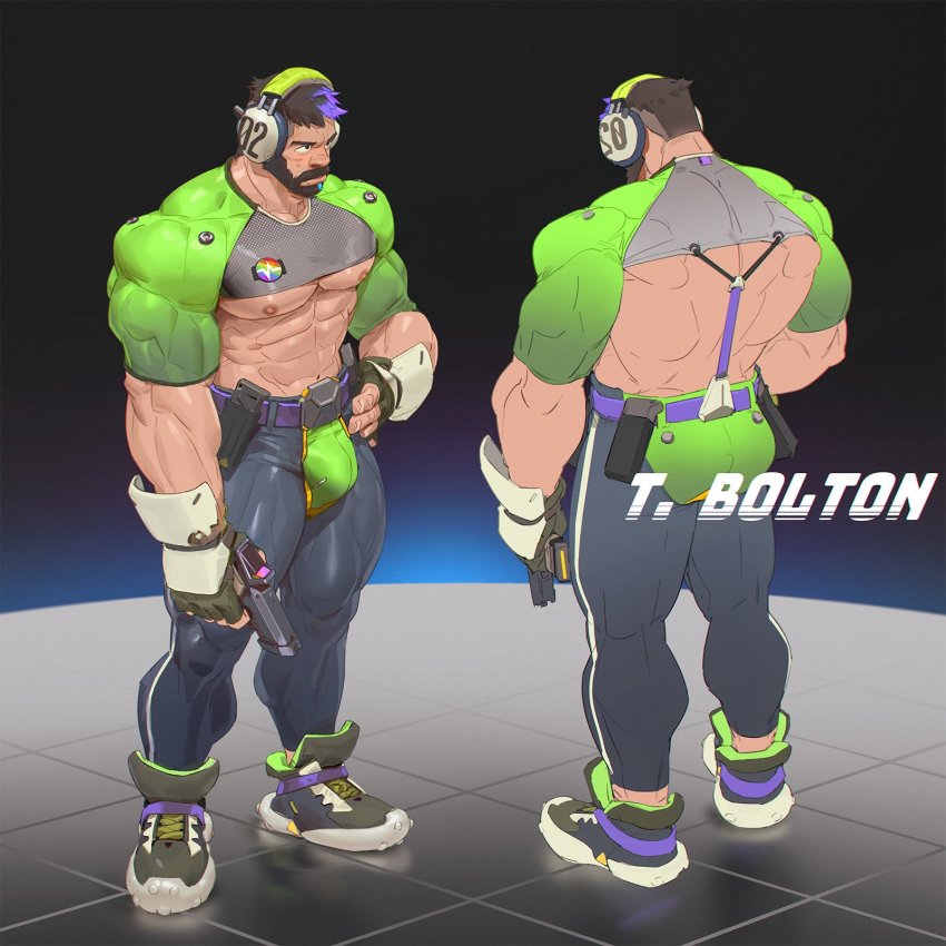 1boy, abs, ass, back, bara, beard, biceps, bulge