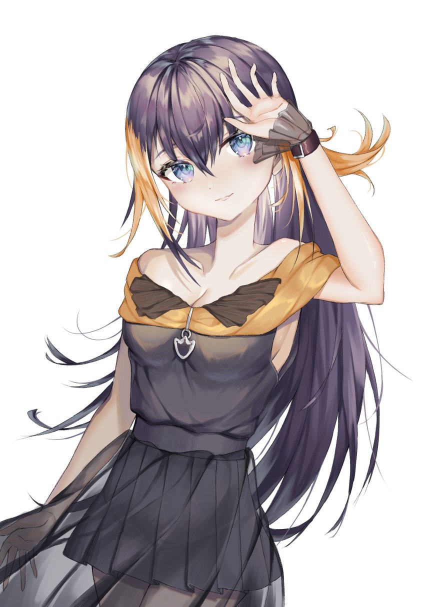 1girl, alternate_breast_size, alternate_costume, alternate_hair_length, alternate_hairstyle, black_hair, black_shirt, black_skirt, blue_eyes, breasts, cleavage, collarbone, head_tilt, highres, long_hair, medium_breasts, multicolored_hair, nijisanji, nijisanji_en, off-shoulder_shirt, off_shoulder, open_hand, orange_hair, petra_gurin, shirt, skirt, smile, solo, streaked_hair, teacup_(teacup1031), virtual_youtuber, wrist_cuffs