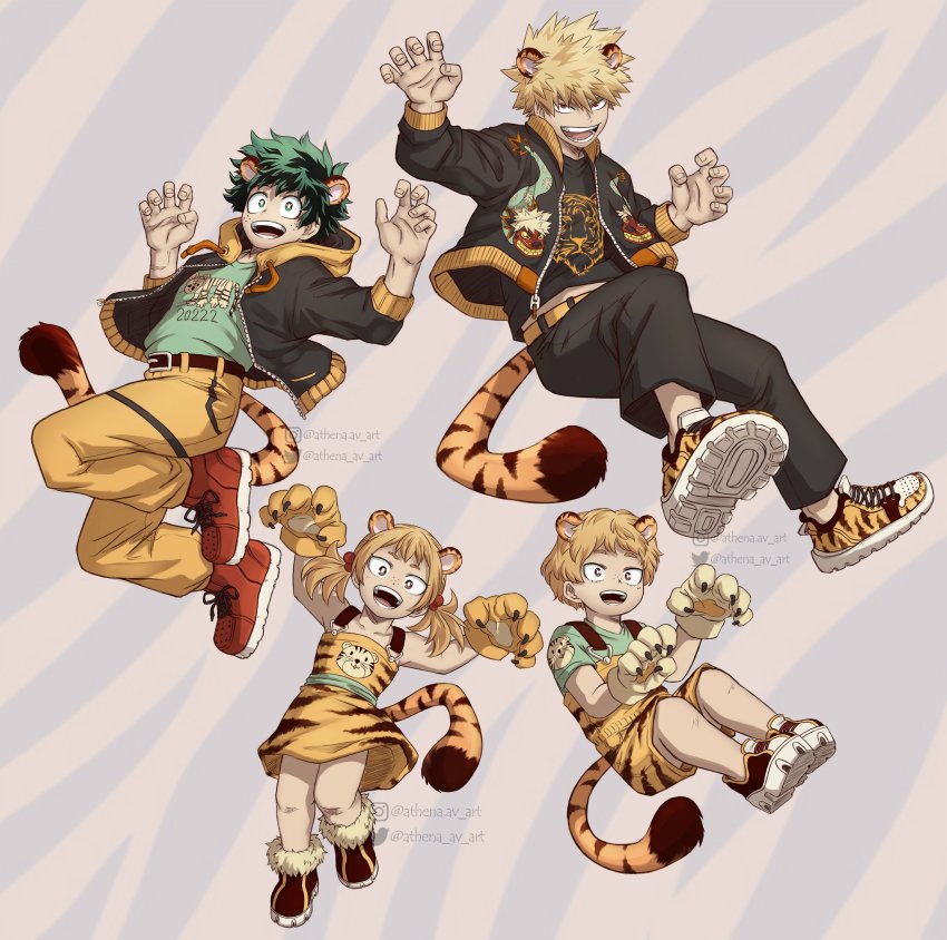 1girl, 3boys, animal_ears, animal_hands, animal_print, athena_av, bakugou_katsuki, belt, black_jacket, black_pants, black_shirt, blonde_hair, boku_no_hero_academia, brown_eyes, brown_footwear, child, chinese_zodiac, claw_pose, commentary, dress, english_commentary, freckles, gloves, green_eyes, green_hair, green_shirt, grey_background, highres, hood, hood_down, hooded_jacket, jacket, looking_at_viewer, midoriya_izuku, multiple_boys, open_clothes, open_jacket, open_mouth, overalls, pants, paw_gloves, print_dress, print_footwear, print_overalls, red_eyes, red_footwear, shimano_katsuma, shimano_mahoro, shirt, shoes, short_hair, smile, spiked_hair, tail, teeth, tiger_boy, tiger_ears, tiger_girl, tiger_print, tiger_tail, twintails, twitter_username, watermark, year_of_the_tiger, yellow_belt, yellow_dress, yellow_pants, yellow_shoes