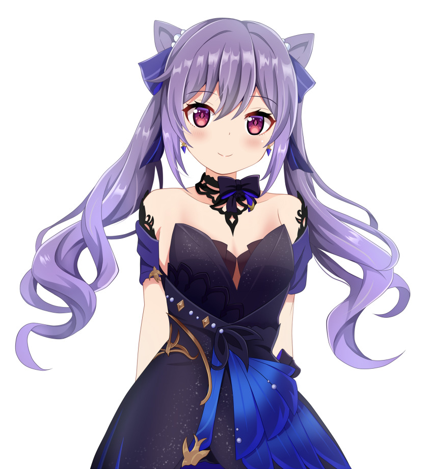 1girl, bare_shoulders, black_bow, black_dress, blue_bow, bow, breasts, closed_mouth, collarbone, commentary_request, cone_hair_bun, dress, genshin_impact, hair_bow, hair_bun, highres, keqing_(genshin_impact), keqing_(opulent_splendor)_(genshin_impact), koyuki_(azumaya999), long_hair, looking_at_viewer, purple_hair, red_eyes, sidelocks, simple_background, small_breasts, smile, solo, strapless, strapless_dress, twintails, very_long_hair, white_background