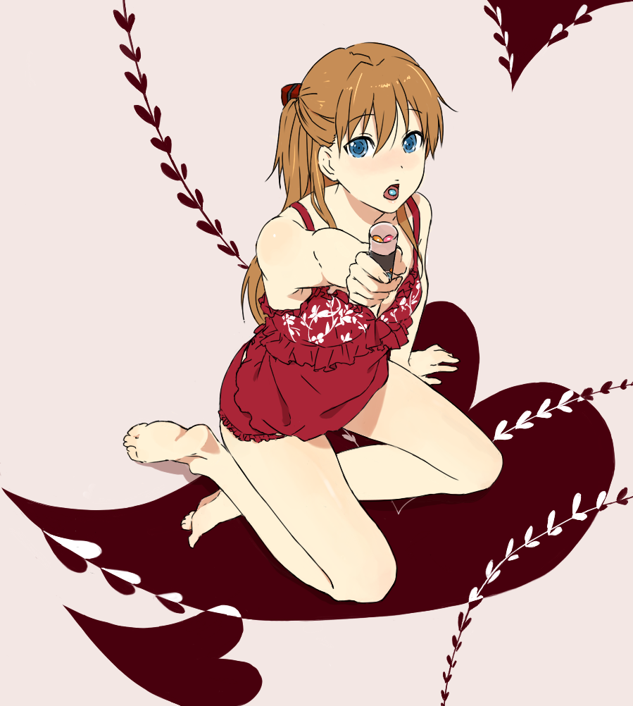 1girl, barefoot, blue_eyes, brown_hair, candy, chemise, feet, female_focus