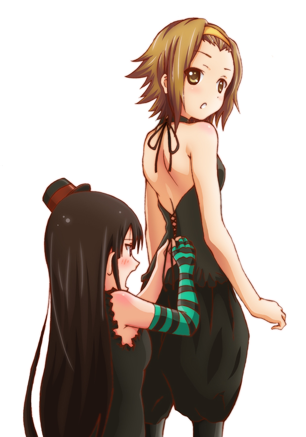 2girls, akiyama_mio, bad_id, bad_pixiv_id, black_hair, blush, brown_eyes, brown_hair