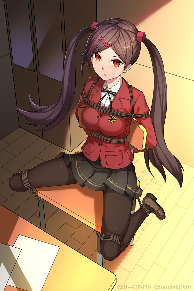 1girl, artist_name, bdsm, black_pantyhose, black_skirt, blouse, bondage, bound