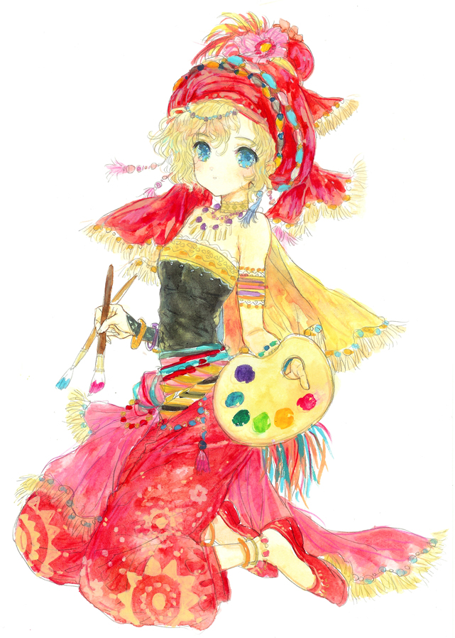 1girl, anklet, bare_shoulders, blonde_hair, blue_eyes, bracelet, final_fantasy, final_fantasy_vi, hisakata_(hisa_nn), holding, holding_paintbrush, jewelry, paintbrush, paint_palette, pants, red_footwear, red_headwear, red_pants, relm_arrowny, strapless