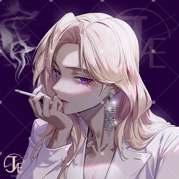 0jae, 1girl, blonde_hair, chinese_commentary, cigarette, commentary_request, earrings, holding, holding_cigarette, jewelry, long_hair, looking_at_viewer, mature_female, mole, mole_on_nose, original, purple_background, purple_eyes, simple_background, smoke, smoking, solo