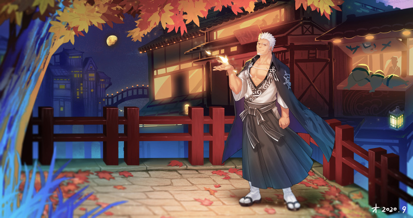 1boy, abs, artist_name, bara, beard, bishounen, bridge, building