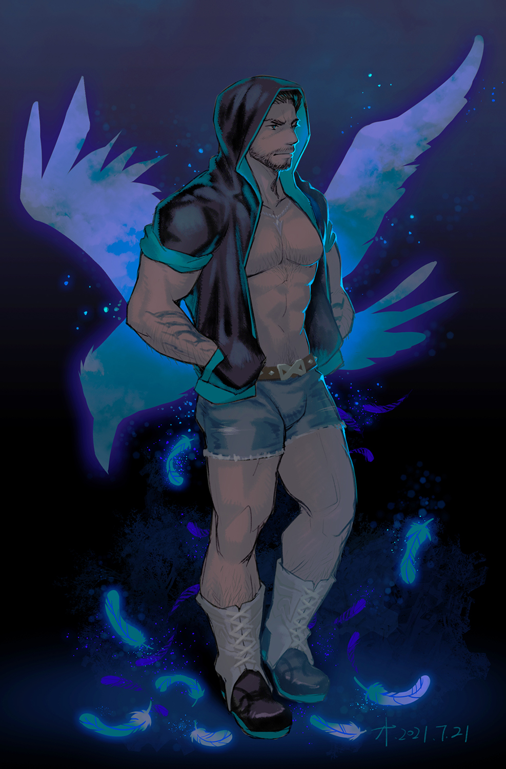 1boy, abs, artist_name, bara, bare_pectorals, beard, belt, biceps