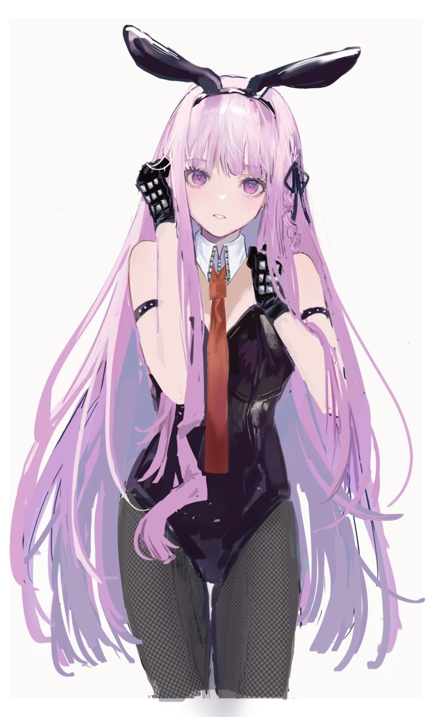 1girl, alternate_costume, animal_ears, arm_strap, bad_id, bad_twitter_id, bare_shoulders, black_gloves, black_ribbon, braid, cropped_legs, danganronpa:_trigger_happy_havoc, danganronpa_(series), detached_collar, fake_animal_ears, fishnet_pantyhose, fishnets, gloves, hair_ribbon, hand_in_own_hair, highres, kirigiri_kyoko, leotard, light_purple_hair, long_hair, looking_at_viewer, necktie, nokoru_sora, orange_necktie, pantyhose, parted_lips, playboy_bunny, purple_eyes, purple_hair, purple_leotard, rabbit_ears, ribbon, simple_background, solo, square-end_necktie, strapless, strapless_leotard, very_long_hair, white_background