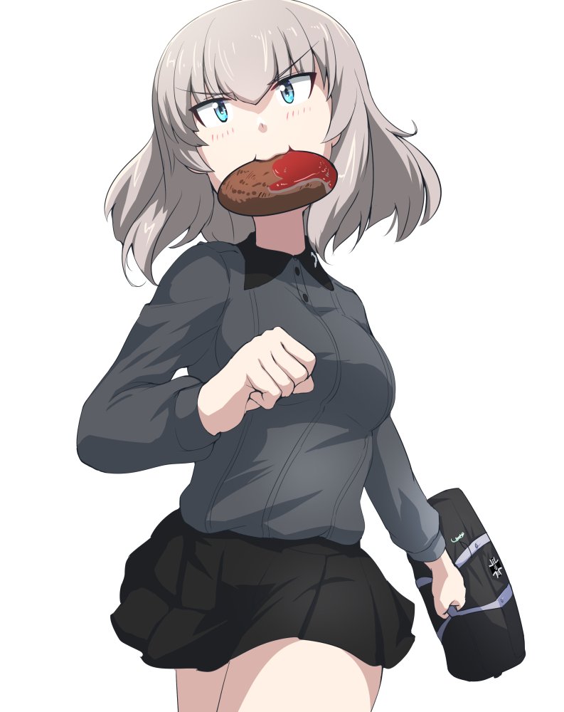 1girl, bag, black_skirt, blue_eyes, buchikaki, crocodile_print, dress_shirt, emblem