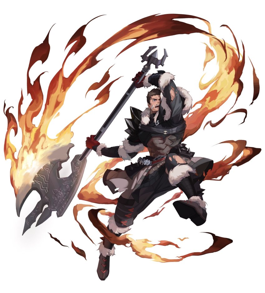 1boy, armor, warrior_of_light_(ff14), axe, bara, brown_hair, commentary_request, final_fantasy