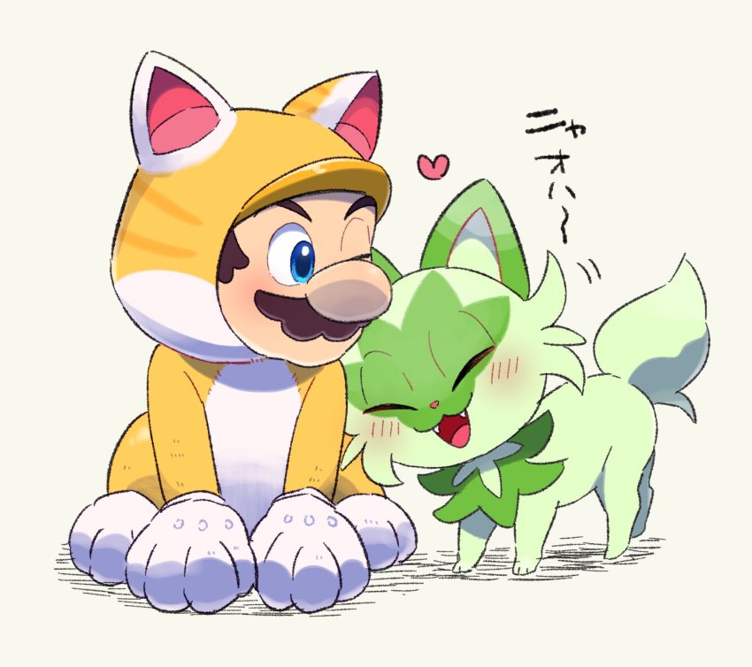 1boy, :d, blue_eyes, blush, brown_hair, cat_mario, closed_eyes, commentary_request