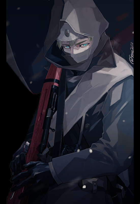 binoculars, blue_eyes, character_request, commentary_request, covered_mouth, fate/grand_order, fate_(series), forehead_protector