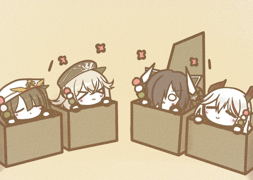 >3<, 4girls, :3, aegir_(azur_lane), august_von_parseval_(azur_lane), azur_lane, black_hair, black_headwear, box, chibi, curled_horns, closed_eyes, food, graf_zeppelin_(azur_lane), hair_between_eyes, hair_over_one_eye, hat, holding, holding_food, horns, in_box, in_container, koti, mechanical_horns, multicolored_hair, multiple_girls, peaked_cap, peter_strasser_(azur_lane), red_hair, silver_hair, simple_background, streaked_hair, two-tone_hair, white_headwear, yellow_background