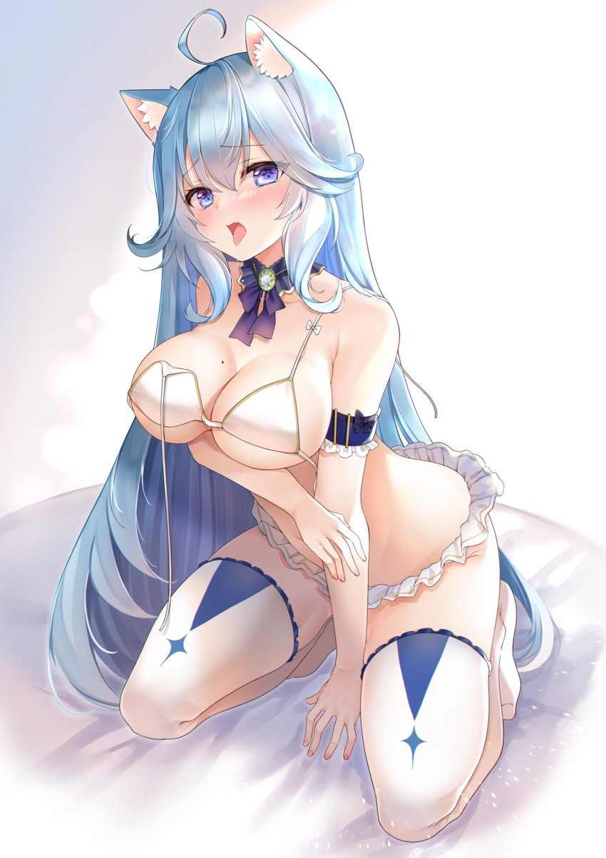 1girl, ahoge, animal_ear_fluff, animal_ears, arm_garter, bare_shoulders, bikini, blue_eyes, blue_hair, breast_hold, breasts, brooch, cat_ears, cleavage, detached_collar, fang, frilled_bikini, frills, highres, indie_virtual_youtuber, jewelry, kanase_ito, large_breasts, long_hair, looking_at_viewer, mole, mole_on_breast, neco_meito, open_clothes, open_mouth, saliva, solo, spaghetti_strap, string_bikini, swimsuit, thighhighs, tongue, tongue_out, untied_bikini, very_long_hair, virtual_youtuber, white_bikini, white_thighhighs