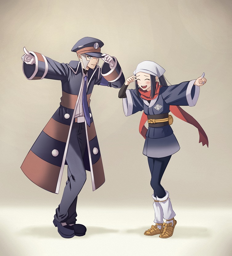 1boy, 1girl, :d, akari_(pokemon), belt_buckle, black_coat, black_footwear, black_hair