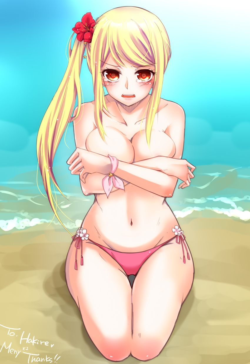 1girl, absurdres, alternate_costume, arm_ribbon, bare_shoulders, beach, bikini, blonde_hair, blush, breasts, cleavage, collarbone, commentary_request, covering_privates, covering_breasts, crossed_arms, embarrassed, fairy_tail, highres, large_breasts, looking_at_viewer, lucy_heartfilia, morizuki_yuma, navel, one_side_up, open_mouth, parted_lips, pink_bikini, pov, red_eyes, ribbon, seiza, sidelocks, sitting, solo, stomach, swimsuit, tearing_up, tears, teeth, thighs, tongue, upper_teeth_only, water