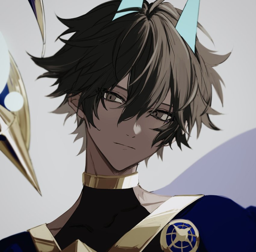 1boy, :|, alternate_hairstyle, arjuna_(fate), arjuna_alter_(fate), arjuna_alter_(third_ascension)_(fate), black_hair, brown_eyes