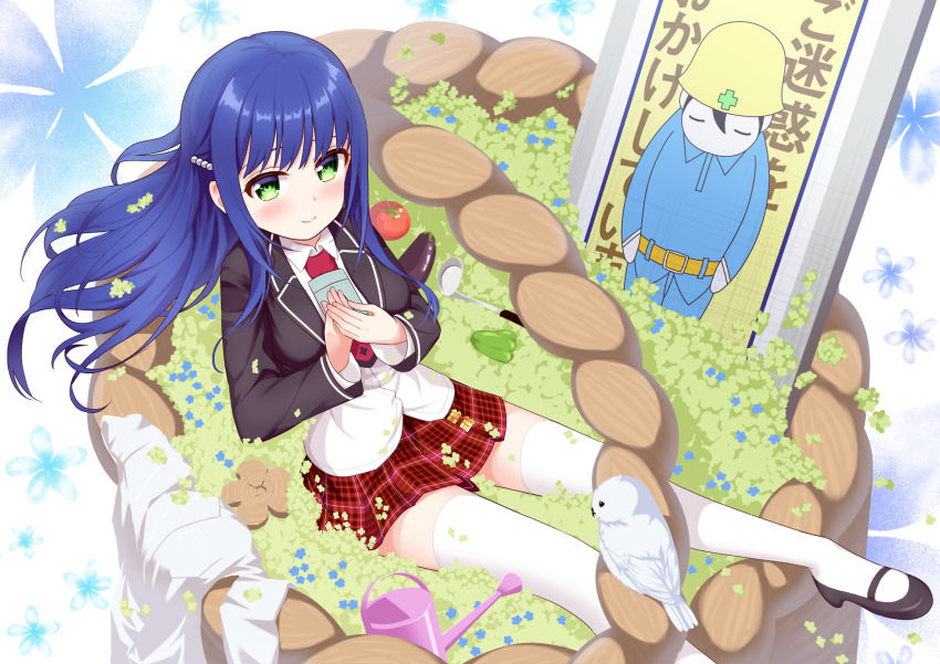 1girl, anne_happy, bell_pepper, bird, black_footwear, blue_hair, blush, cereal_(cerealoekaki)
