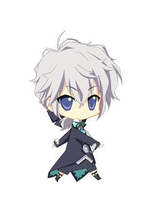 1boy, black_socks, blue_eyes, carnelian, chibi, full_body, hair_between_eyes, legwear_garter, low_ponytail, lowres, male_focus, para-sol, ponytail, silver_hair, socks, solo, transparent_background, yatabe_sham, yatabe_syamu