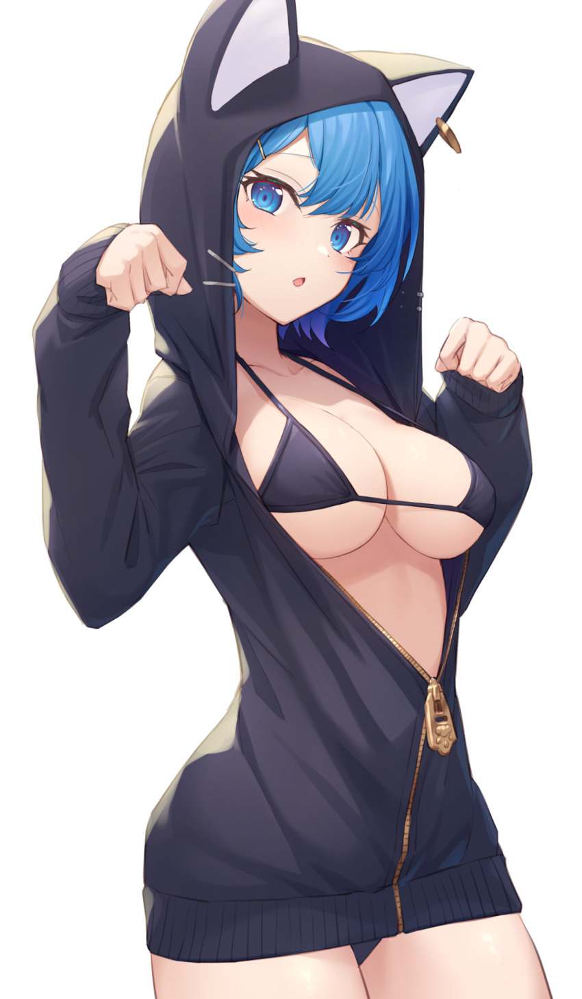 1girl, :o, animal_hood, bikini, bikini_under_clothes, black_bikini, black_jacket, blue_eyes, blue_hair, breasts, cat_hood, halterneck, highres, hood, hooded_jacket, jacket, looking_at_viewer, medium_breasts, nanashi_inc., nishino_eri, open_mouth, short_hair, simple_background, solo, souya_ichika, strap_gap, swimsuit, thighs, virtual_youtuber, white_background