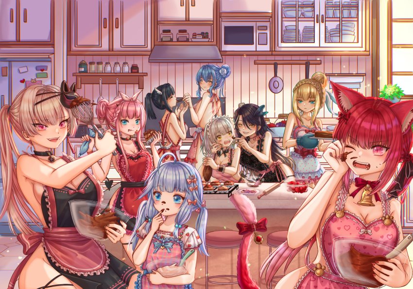 6+girls, absurdres, amano_nene_(vtuber), angrycomputer_studio, apron, aruru_gray, black_hair, blue_eyes