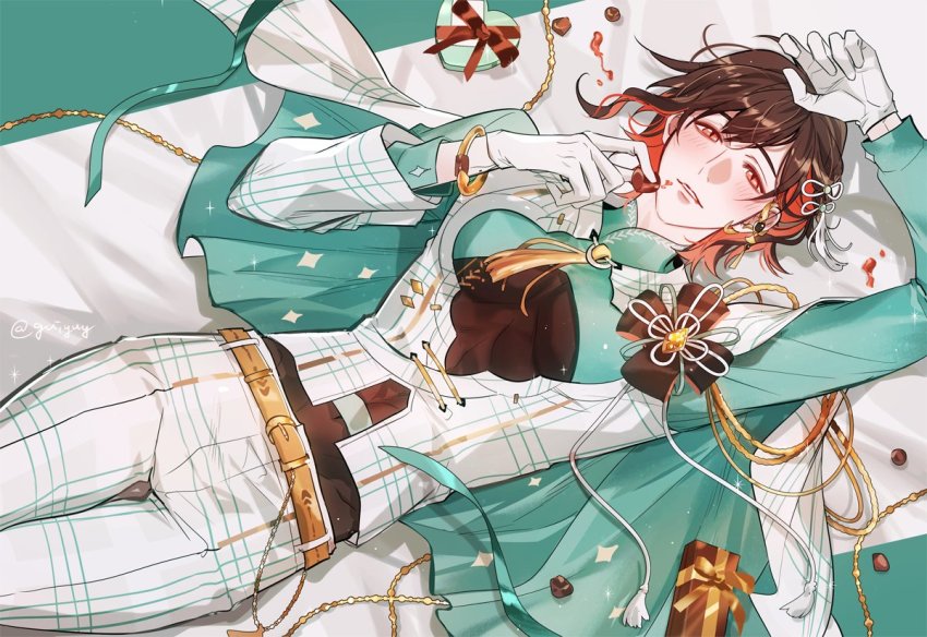 1boy, belt, blush, bow, box, bracelet, brown_hair, cape