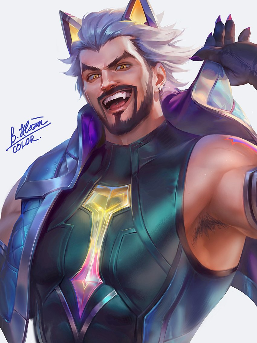 1boy, animal_ears, armpit_hair, armpits, artist_name, bara, battle_wolf_sylas, beard, bich_hoan, ear_piercing, earrings, facial_hair, fangs, gloves, highres, jacket, jewelry, league_of_legends, looking_at_viewer, male_focus, manly, muscular, muscular_male, pectorals, piercing, smile, sylas_(league_of_legends), tattoo, tight_clothes, tongue_piercing, white_hair, wolf_ears, yellow_eyes