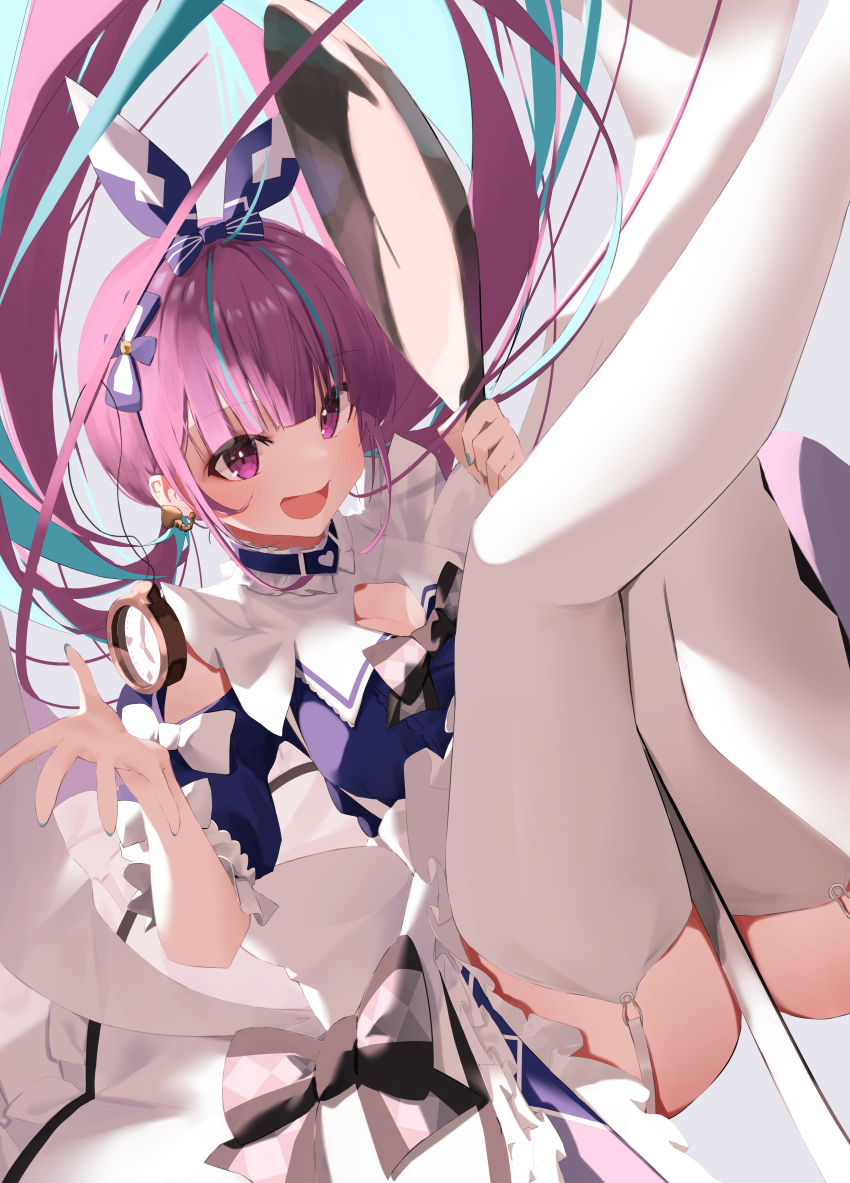 1girl, :d, absurdres, alice_(alice_in_wonderland), alice_(alice_in_wonderland)_(cosplay), alice's_adventures_in_wonderland, between_legs, black_bow, blue_dress, blue_hairband, blue_ribbon, blunt_bangs, bow, breasts, cleavage, cleavage_cutout, clothing_cutout, commentary_request, cosplay, dress, earrings, frilled_dress, frills, garter_straps, green_hair, green_nails, hair_ribbon, hairband, heart, heart_earrings, highres, holding, holding_spoon, hololive, jewelry, large_breasts, long_hair, looking_at_viewer, mikaku, minato_aqua, minato_aqua_(aqua_iro_in_wonder_land), multicolored_hair, nail_polish, open_mouth, outstretched_hand, pink_eyes, pink_hair, pocket_watch, puffy_short_sleeves, puffy_sleeves, ribbon, short_dress, short_sleeves, smile, solo, spoon, streaked_hair, thighhighs, twintails, two-tone_hair, virtual_youtuber, watch, white_bow, white_thighhighs