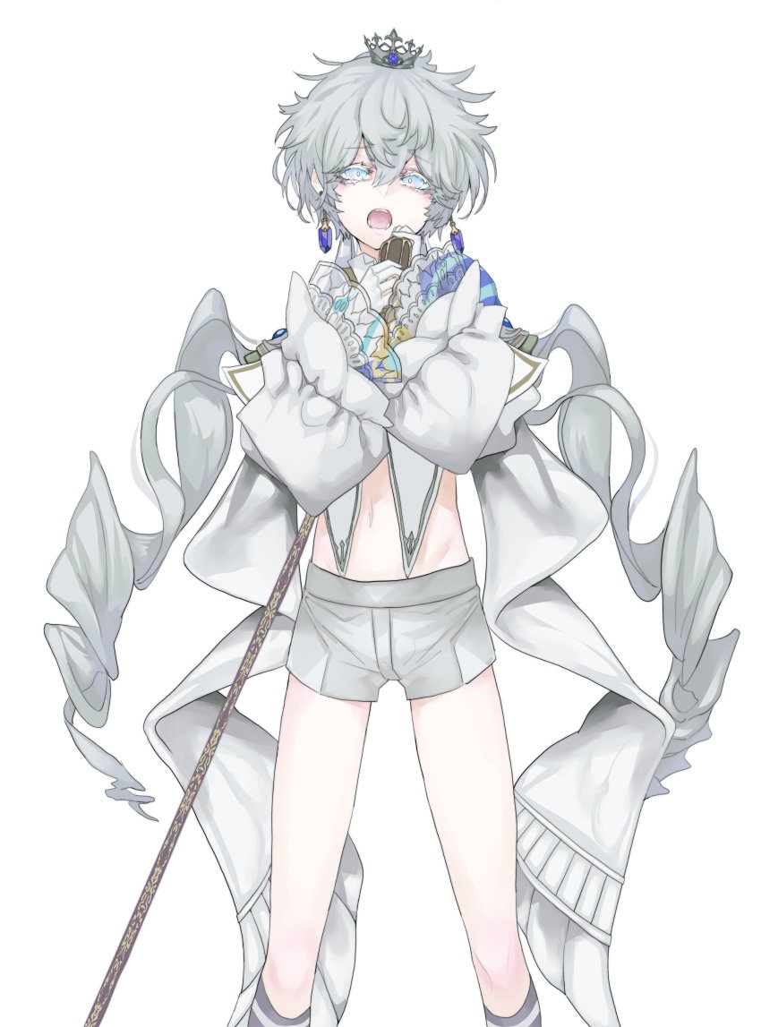 1boy, absurdres, androgynous, blue_eyes, crop_top, crown, earrings, edel_eckerd