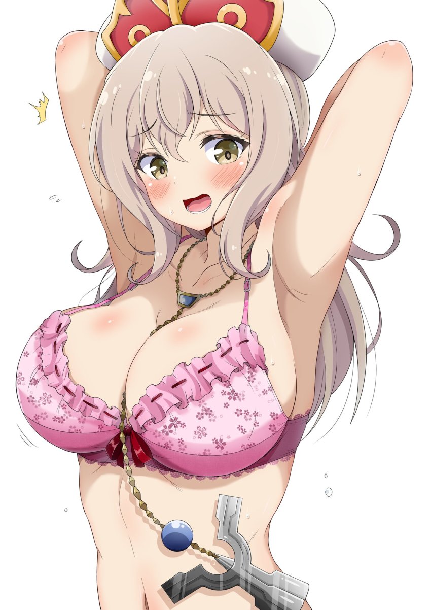 1girl, armpits, arms_behind_head, arms_up, between_breasts, blush, bouncing_breasts, bra, breasts, cleavage, commentary, dot_nose, eggman_(ni_tamagoex), embarrassed, floral_print, flying_sweatdrops, furrowed_brow, hat, highres, isekai_maou_to_shoukan_shoujo_no_dorei_majutsu, large_breasts, long_hair, looking_at_viewer, lower_teeth_only, lumachina_weselia, motion_lines, navel, open_mouth, pink_bra, raised_eyebrows, red_ribbon, ribbon, silver_hair, simple_background, solo, strap_gap, teeth, underwear, underwear_only, wavy_mouth, white_background