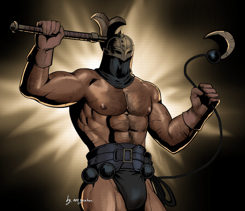 1boy, abs, areyouhun_(sleeplazycat), axe, bara, belt, biceps, bounty_hunter_(darkest_dungeon)
