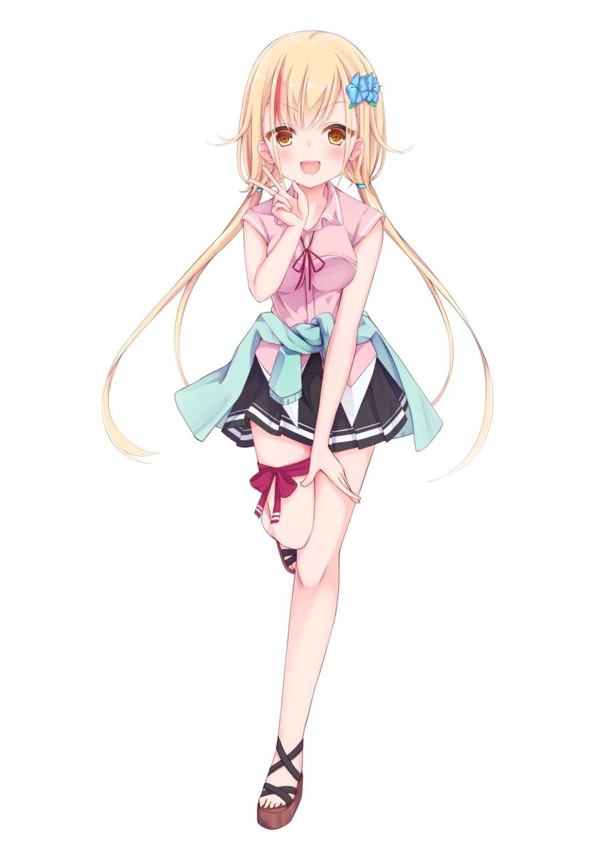 1girl, black_skirt, blonde_hair, blush, bow, bowtie, full_body, hair_bow