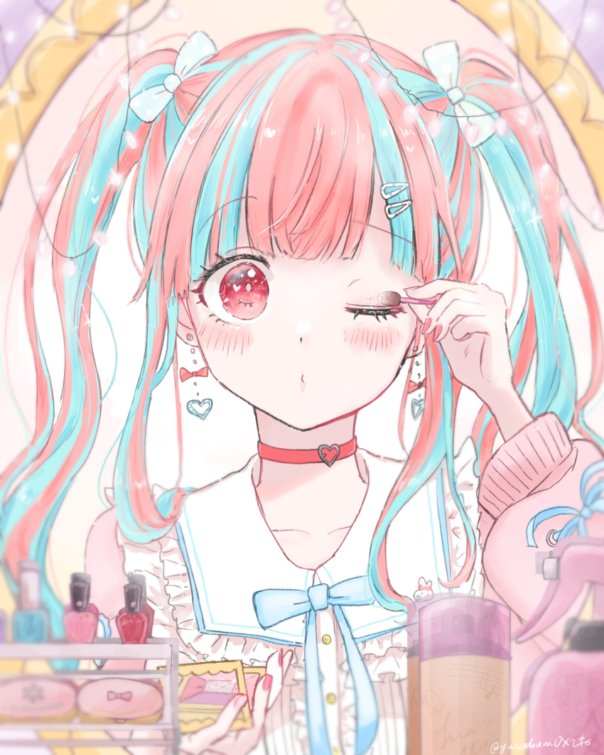 1girl, applying_makeup, applying_own_makeup, aqua_hair, bang_dream!, bang_dream!_girls_band_party!, blush, choker