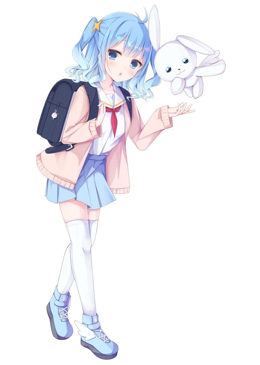 1girl, backpack, bag, blue_eyes, blue_hair, blush, rabbit, crescent, crescent_hair_ornament, full_body, hair_ornament, highres, kimamani_live, kulori, mizugame_meno, official_art, pale_skin, pastel_colors, school_uniform, serafuku, solo, star_(symbol), star_hair_ornament, stuffed_animal, stuffed_toy, thighhighs, virtual_youtuber