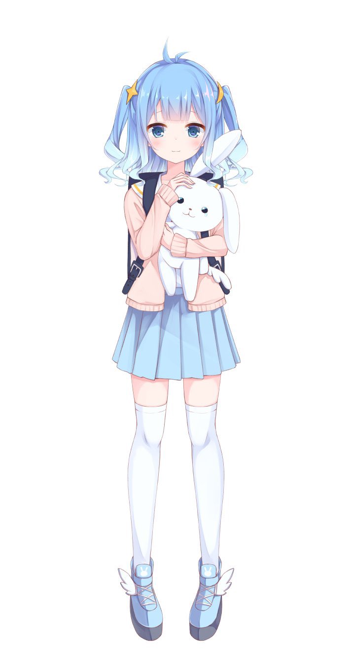 1girl, blue_eyes, blue_hair, blush, rabbit, crescent, crescent_hair_ornament, full_body