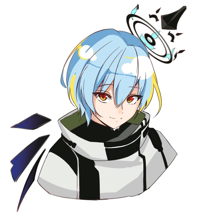 1boy, black_shirt, blue_hair, collared_shirt, halo, highres, hoshinowa_aru, hoshitukakasumi, jacket, kimamani_live, looking_at_viewer, male_focus, multicolored_hair, orange_eyes, orange_hair, pale_skin, shirt, smile, solo, virtual_youtuber, white_background, white_jacket