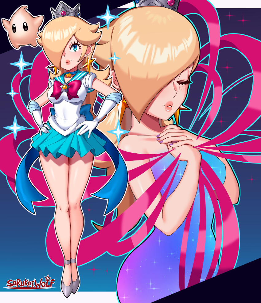 1girl, absurdres, alternate_costume, artist_name, baby_luma, back_bow, bare_legs, bishoujo_senshi_sailor_moon, blonde_hair, blue_eyes, bow, crown, gloves, grey_crown, hair_over_one_eye, hands_on_own_hips, henshin, highres, legs, looking_at_viewer, luma_(mario), mario_(series), mini_crown, miniskirt, nail_polish, nintendo, pleated_skirt, rosalina, sailor_collar, sailor_mercury, sailor_moon, sailor_senshi_uniform, sarukaiwolf, skirt, smile, super_mario_galaxy, unofficial_sailor_senshi_uniform, white_gloves