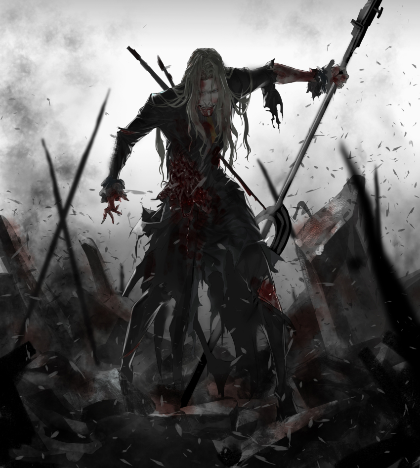 024_(1a41a4), 1boy, absurdres, beard, blonde_hair, blood, blood_on_face, facial_hair, fangs, fate/apocrypha, fate/grand_order, fate_(series), highres, holding, holding_behind_back, holding_polearm, holding_polearm_behind_back, holding_weapon, holding_weapon_behind_back, long_hair, long_sleeves, male_focus, polearm, spear, vlad_iii_(fate/apocrypha), weapon